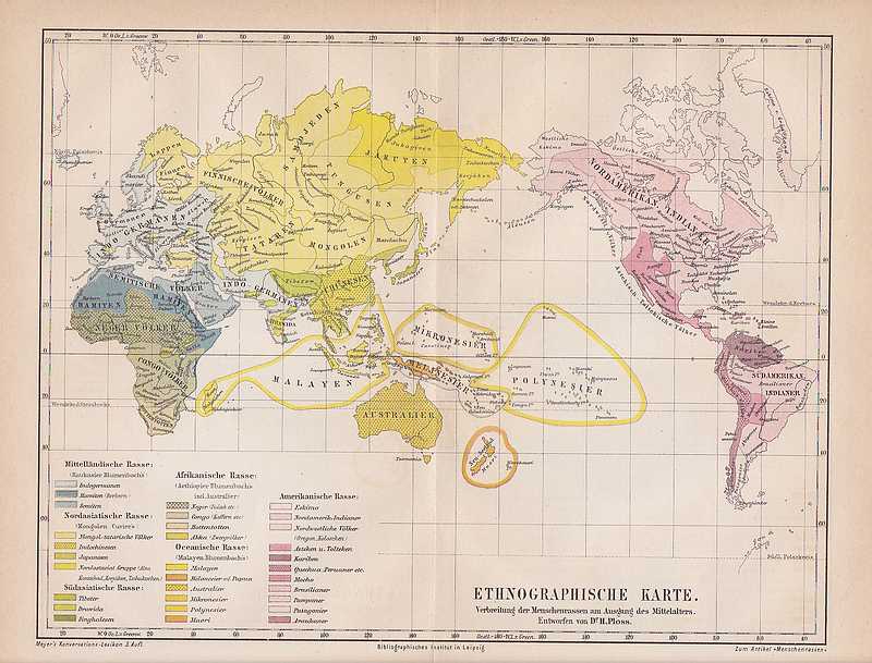 Menschenrassen Ethnographische KARTE von 1875 Ethnografie Asiaten