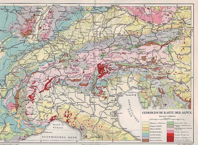GEOLOGISCHE Karte der ALPEN KARTE 1897 GEOLOGIE Kreide Jura Trias Perm