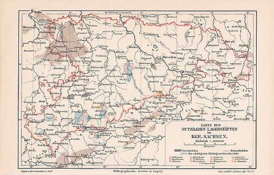 SACHSEN Mineralien Erze Steinkohle Braunkohle Bergbau historische KARTE