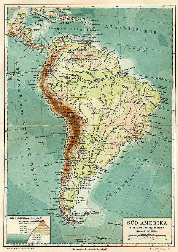 SÜDAMERIKA Höhenprofil Flüsse physikalische KARTE 1897