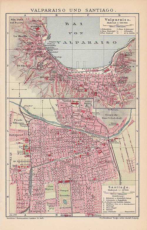 Santiago Valparaiso Chile Antiguo Mapa De La Ciudad De 1908 Ebay